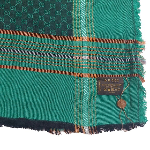 Gucci Vintage Green Dual-Tone Monogram Orange Stripe Reversible Shawl Wrap Scarf - Picture 13 of 15